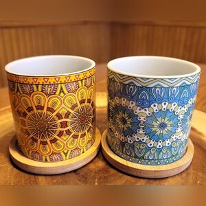 Gorgeous Mandala Succulent Planters Pots With Bamboo Wood Trays Set Of 2